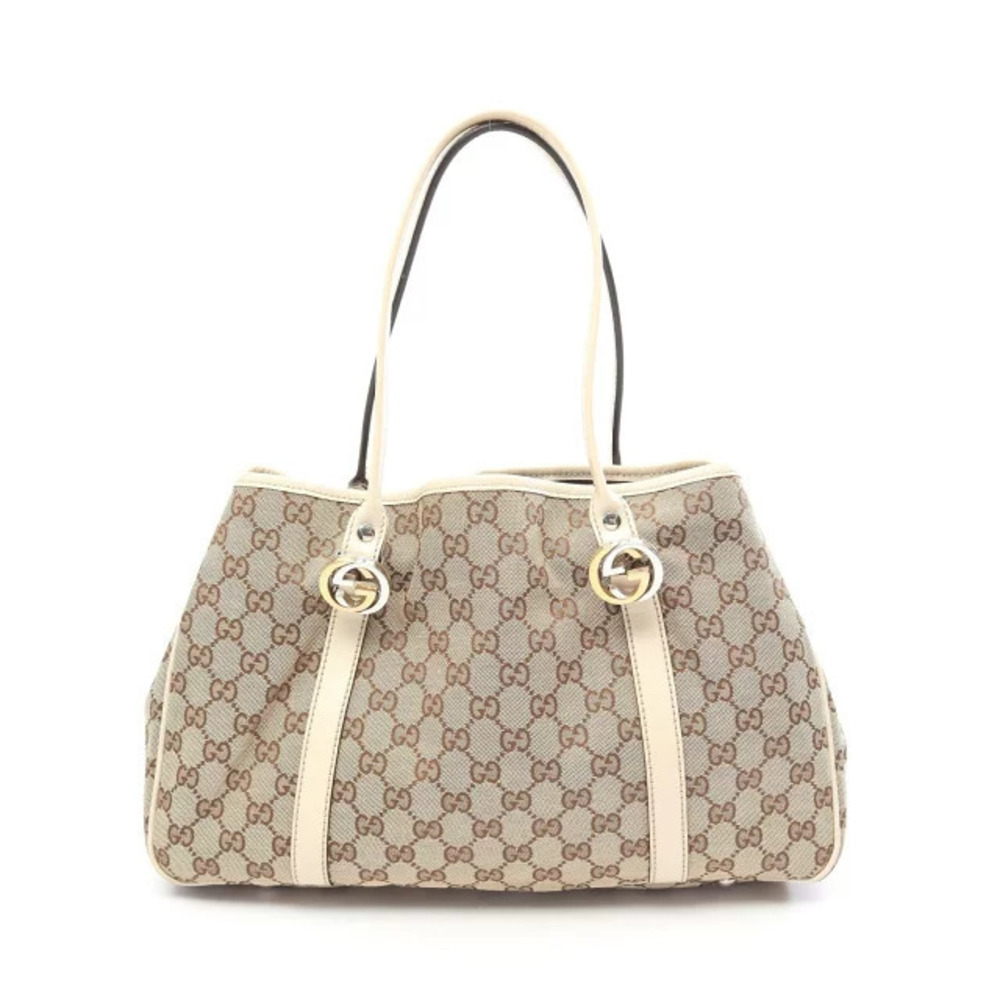 Gucci GG Twins Canvas Tote Bag Leather Beige Cream Ivory White